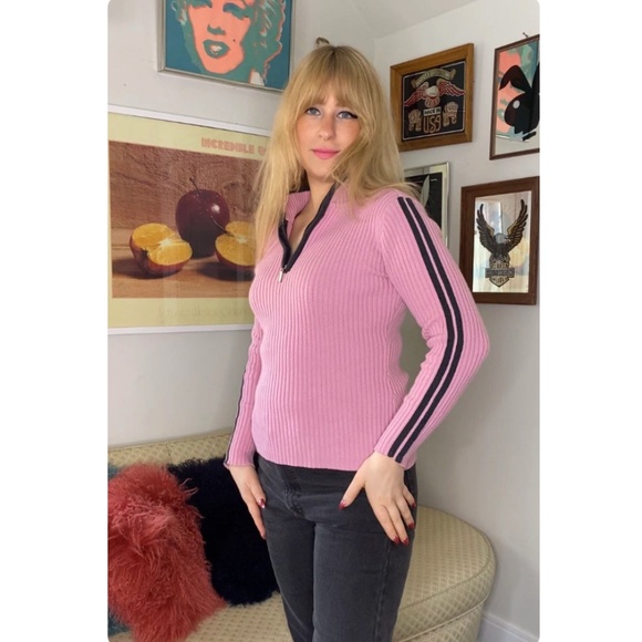 Roots 73 Half Zip Long Sleeved Sweater in Dusty Rose Pink - Racing Stripe - S/M - Picture 3 of 9